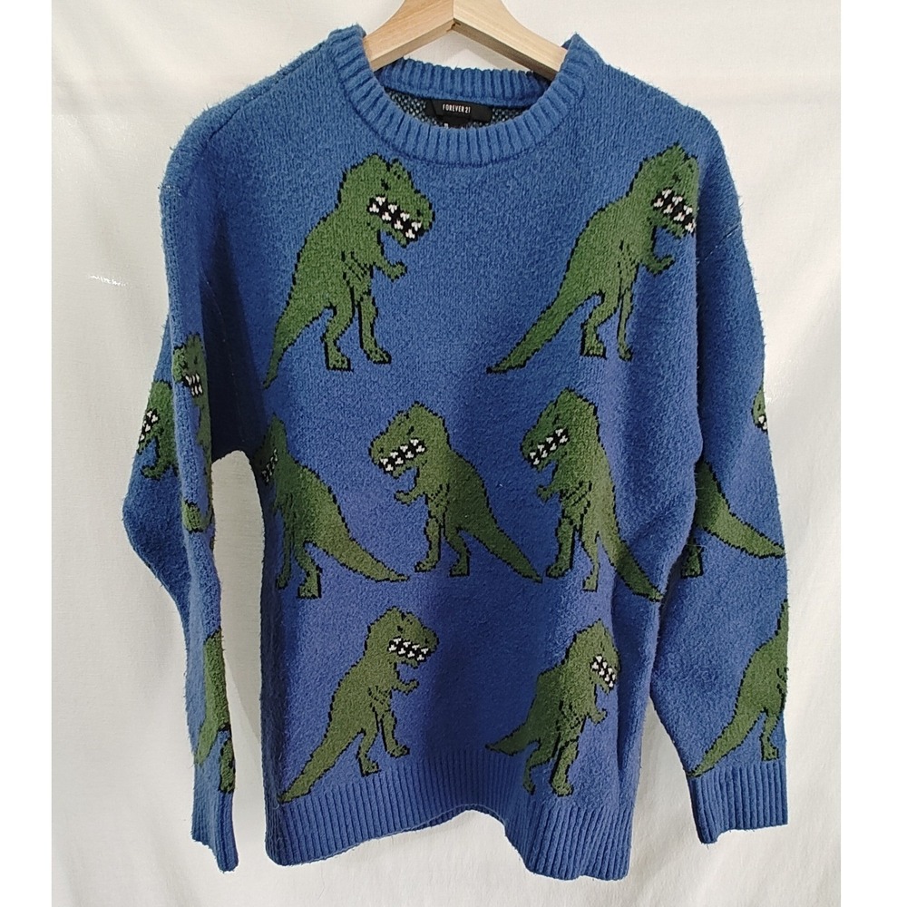 Forever 21 Sweater Blue Green Dinosaur T-Rex All Over Print Knit Small Pullover
